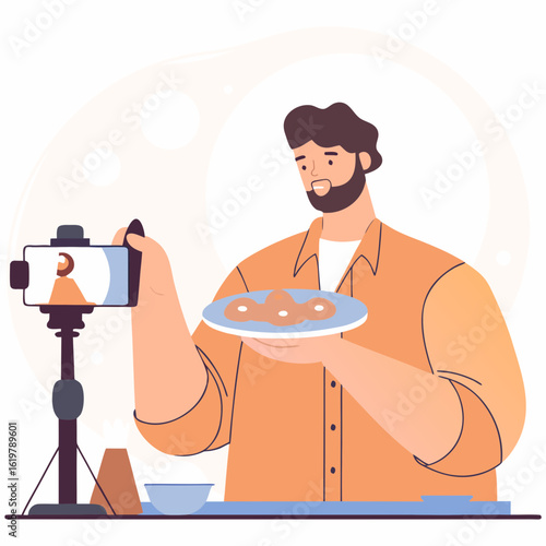 Food Vlogger Filming Content with Smartphone