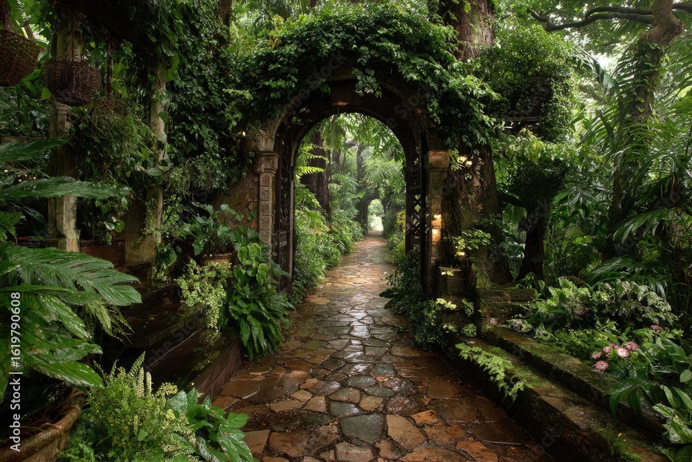 Fototapeta premium Stone path through lush, overgrown archway