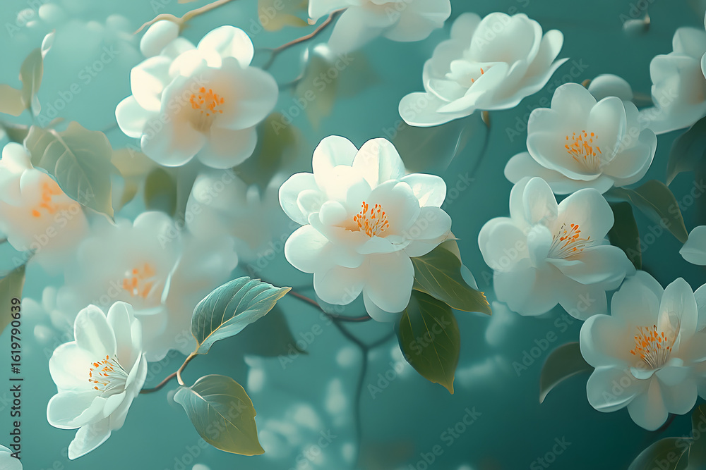 Fototapeta premium Soft white camellias on teal background
