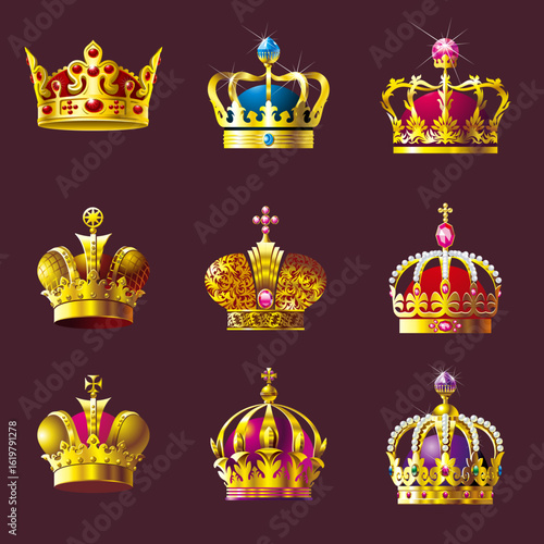 A detailed vector set of nine luxurious royal crowns with rich golden ornaments, gemstones, and elegant design elements. Perfect for royalty themes, heraldry, and decoration.