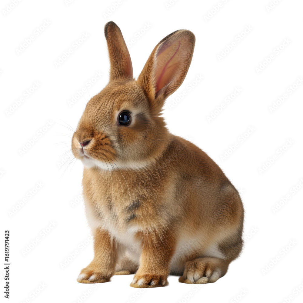 Obraz premium A young, healthy brown rabbit with soft, fluffy fur and perked ears sits attentively on a transparent studio background, captured in a clean, high-end product photograph with diffused lighting,