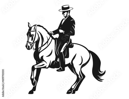 Elegant silhouette of a traditional horse rider in formal attire performing dressage