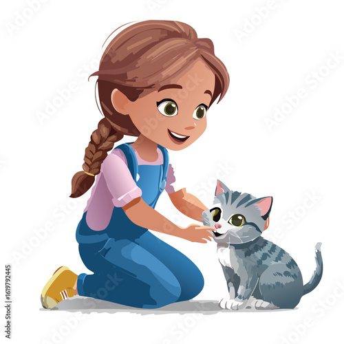 Cartoon girl kneeling and petting a cute gray cat on a white background