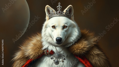 A regal white wolf adorned with a crown, fur collar, and ornate necklace against a dark background