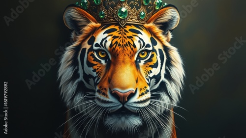 Close up portrait of a tiger wearing a crown with green jewels on a dark background looking forward