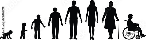 Human life evolution silhouettes—stages from crawling infant to elderly adult, wheelchair user, aging concept, and family development