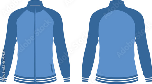 Kids’ blue jacket vector—front and back view with zipper, striped cuffs, dual pockets and round collar for fashion templates