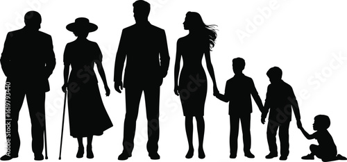 Multigenerational family silhouette vector—adults, elderly, and children standing together for concepts of caregiving, unity, and generational bonding