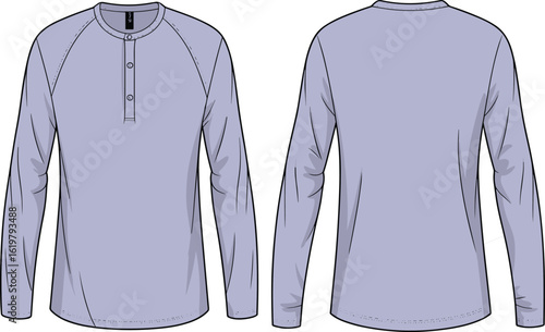 Kids’ long-sleeve shirt vector front and back view with round neck, buttoned placket, and minimal stitch detailing
