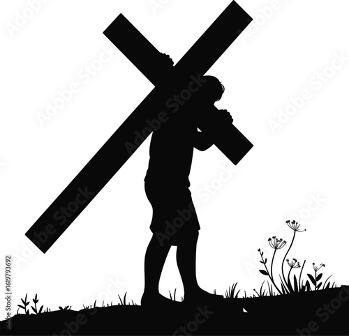 Person carrying cross silhouette—religious concept vector symbolizing burden, sacrifice, redemption, and spiritual perseverance through grassy terrain