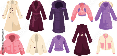 Winter coat vector set—ten diverse styles including trench coats, puffers, and hooded outerwear for fashion templates and seasonal apparel design
