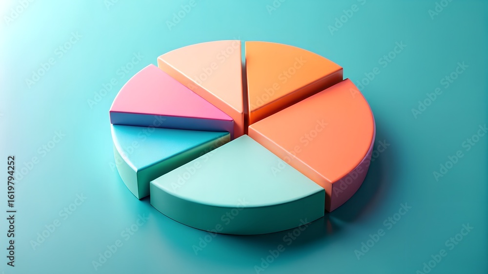 Obraz premium Colorful 3d pie chart with distinct segments, representing data analysis and business growth in a modern, abstract style