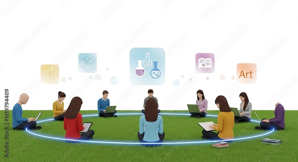 Fototapeta premium Collaborative Online Learning: Diverse Students Connected in a Virtual Circle on Green Grass