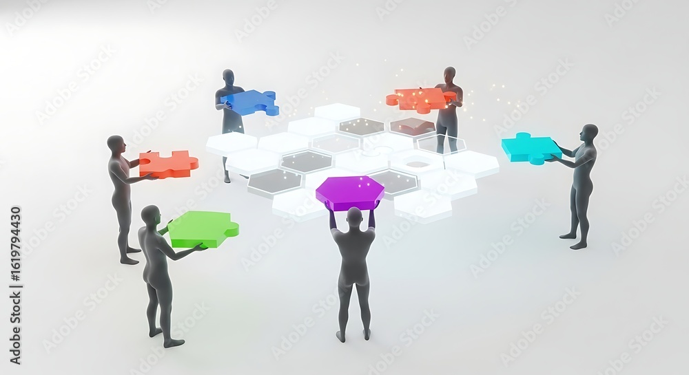 Fototapeta premium Collaborative Puzzle Solution: Hexagonal Platform, Diverse Team, 3D Render