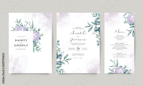 Beautiful wedding invitation card template set with watercolor purple florals