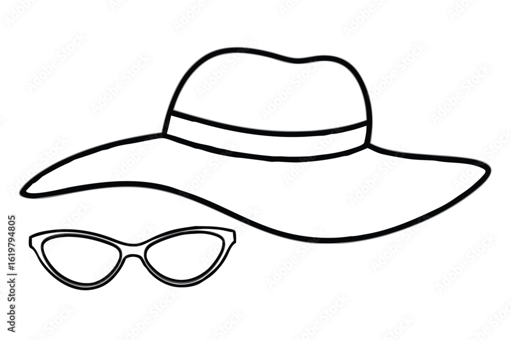 Stylish wide brim sun hat and cat eye sunglasses outline drawing Stylish wide brim sun hat and cat eye sunglasses outline drawing