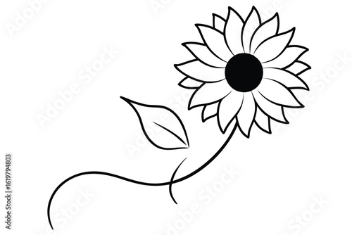 Minimalist black and white tattoo design of a sunflower with a swirling stem