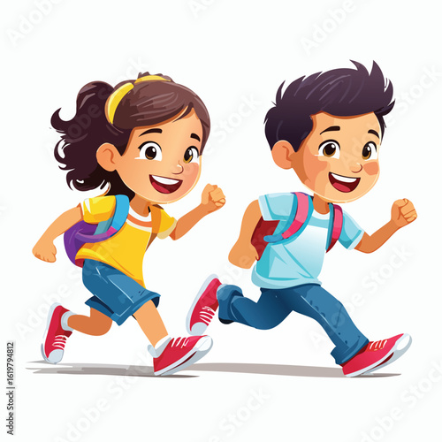 Cartoon illustration of two happy children running together with backpacks on a white background