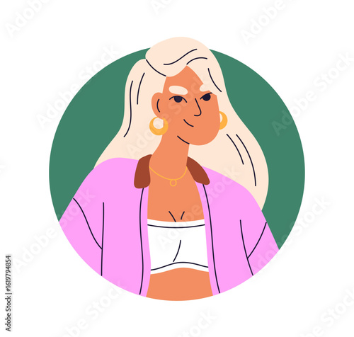 Young modern woman, head portrait in circle. Attractive female, face avatar. ...