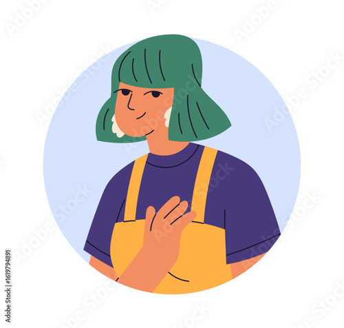 Young woman in apron, head portrait. Female with colored hair, smiling. Cheer...