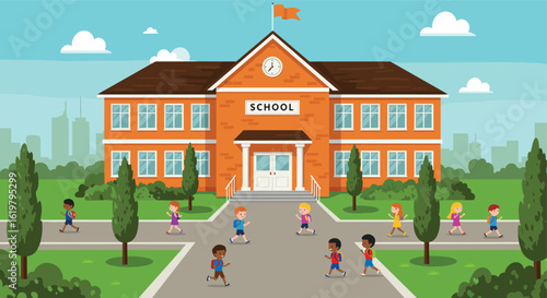 Cartoon school building with students walking, back to school scene, kids with backpacks, education concept, flat vector illustration