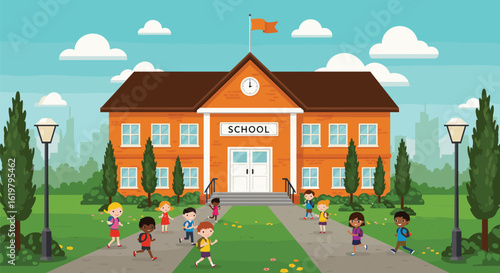Cartoon school building with students walking, back to school scene, kids with backpacks, education concept, flat vector illustration