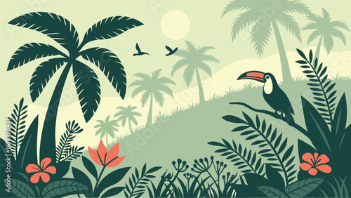 Serene Tropical Paradise:  Stylized Palm Trees, Lush Foliage, Vibrant Flowers, and a Majestic Toucan Bird in a Peaceful, Vintage-Inspired Illustration.