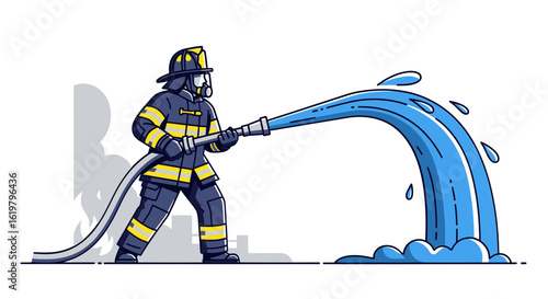 Vector illustration of a brave firefighter in full uniform and mask, spraying water from a hose. Emergency first responder concept.