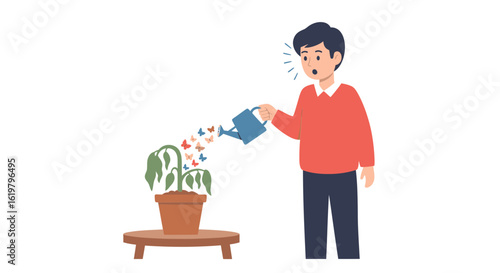A conceptual vector illustration of a surprised person watering a plant, producing magical butterflies instead of water, symbolizing creativity and unexpected growth.