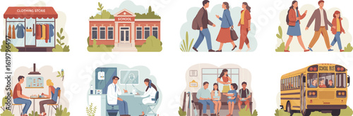Family activities, shopping, home, children playing, education, school, doctor visit, healthcare, waiting room, school bus, community life