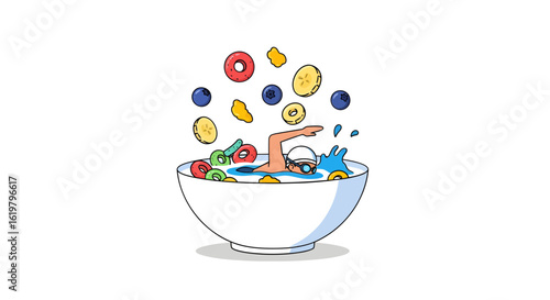 Conceptual illustration of an energetic swimmer diving into a healthy breakfast bowl of cereal and fruit.