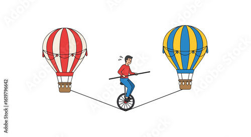 A daring acrobat mixes courage and skill, balancing on a unicycle on a tightrope between two hot air balloons.