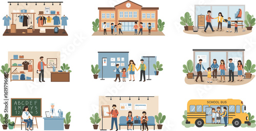 Family activities, shopping, home, children playing, education, school, doctor visit, healthcare, waiting room, school bus, community life