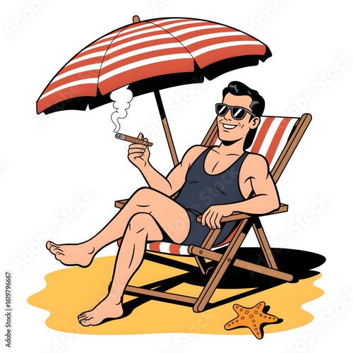 A retro cartoon illustration of a smiling man in sunglasses relaxing on a beach chair under an umbrella, smoking a cigar on a summer day.