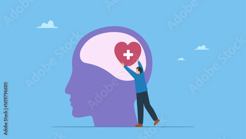 Vector illustration of a man character to set up heart to brain of human head. Symbolizes setting good mindset and attitude, mental health, brain development medical treatment concept.