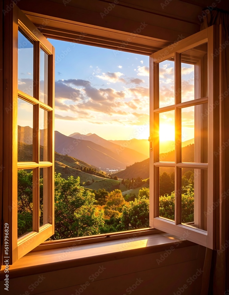 Naklejka premium Open window, sunset view of mountains