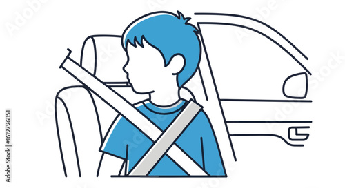 A minimalist illustration of a child correctly wearing a seat belt in the back of a car, emphasizing vehicle safety and precaution.