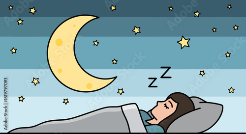 A peaceful cartoon illustration of a person sleeping soundly under a dreamy, starlit night sky with a crescent moon.