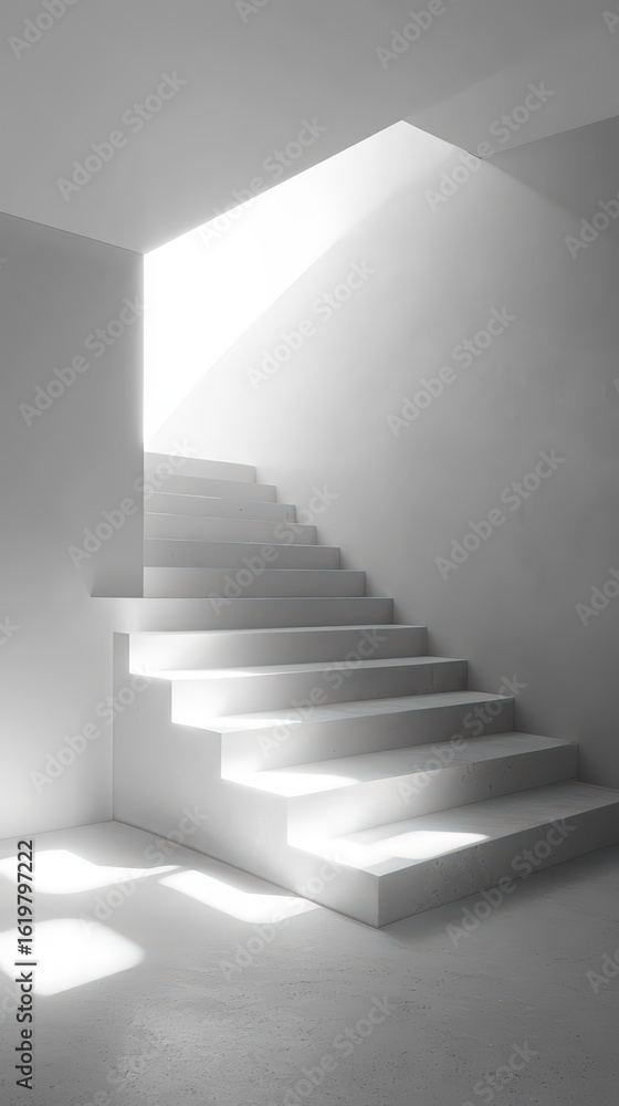 Fototapeta premium Ethereal view of a sunlit modern staircase in a minimalist interior, representing a journey towards success and the future.