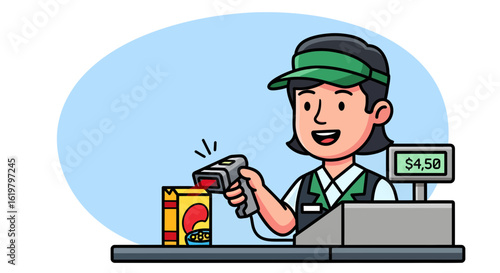 A cartoon illustration of a friendly female cashier scanning a product at a supermarket checkout counter.