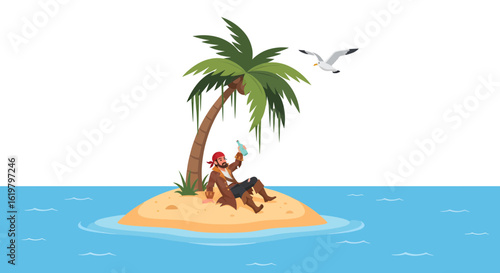 A whimsical pirate, whisked away to a solitary island, enjoys a drink under a palm tree. Cartoon vector art.