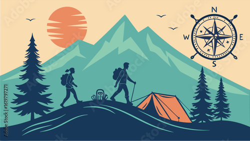 Retro-styled hikers with backpacks enjoying a scenic mountain camping adventure, featuring a compass, sunset, and tranquil forest; perfect for travel, tourism, and outdoor lifestyle branding.