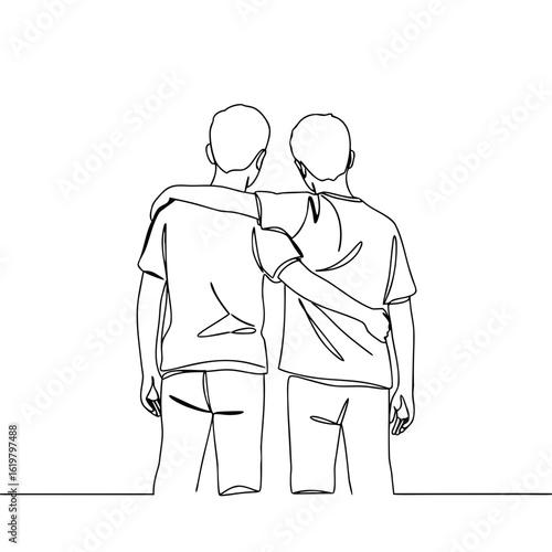Two boys with arms around each other in minimalist line drawing  