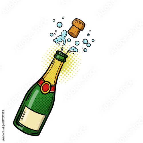 Champagne bottle uncorked with cork flying and bubbles rising  