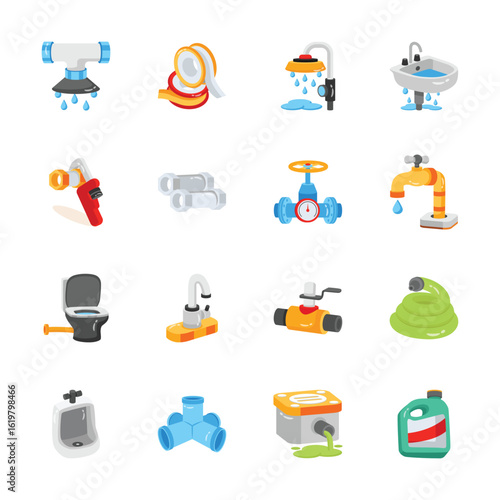 A set of 2d style icons depicting various plumbing and sanitaryware items.