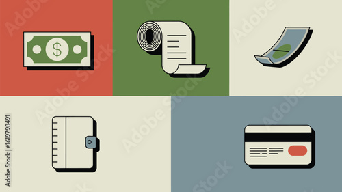 A flat lay illustration featuring money, a receipt, a wallet, and a credit card on a color block background