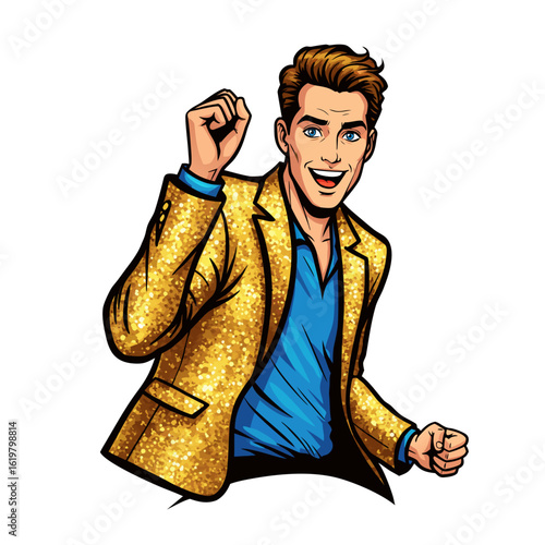 Cheerful man in golden sequin jacket celebrating with joy  