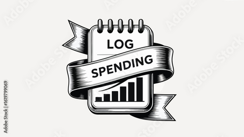 A monochrome illustration of a log spending notebook with ribbon and bar graph on a white background