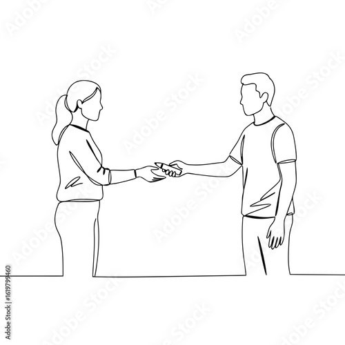 Woman handing marker to man in minimalist black and white sketch  