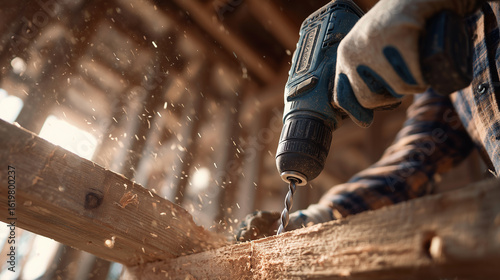 Close-up of construction worker drilling into wood with electric drill, wood shavings flying in workshop